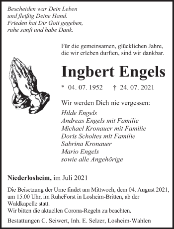 Todesanzeige von Ingbert Engels von saarbruecker_zeitung