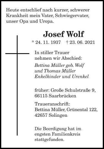 Todesanzeige von Josef Wolf von saarbruecker_zeitung