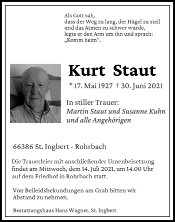 Todesanzeige von Kurt Staut von saarbruecker_zeitung