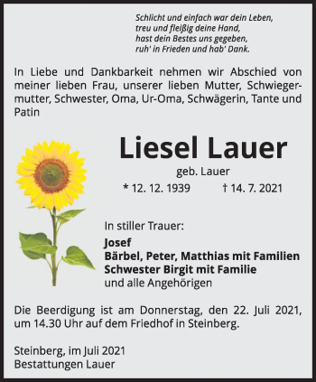 Todesanzeige von Liesel Lauer von saarbruecker_zeitung