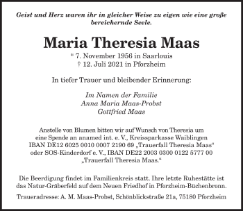 Todesanzeige von Maria Theresia Maas von saarbruecker_zeitung