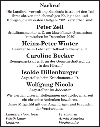 Todesanzeige von Nachruf Landkreisverwaltung Saarlouis von saarbruecker_zeitung