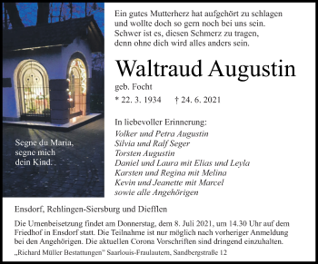 Todesanzeige von Waltraud Augustin von saarbruecker_zeitung