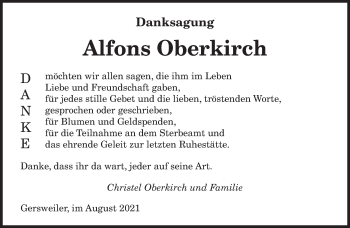 Todesanzeige von Alfons Oberkirch von saarbruecker_zeitung