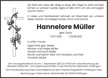 Todesanzeige von Hannelore Müller von saarbruecker_zeitung