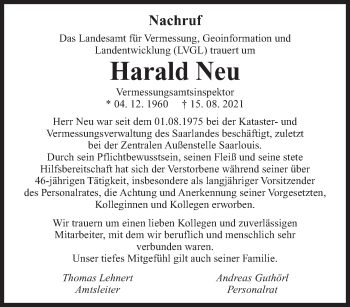 Todesanzeige von Harald Neu von saarbruecker_zeitung