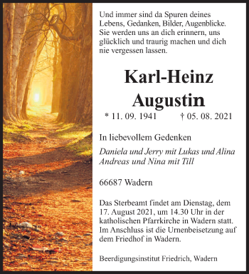 Todesanzeige von Karl-Heinz Augustin von saarbruecker_zeitung