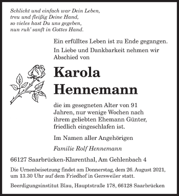 Todesanzeige von Karola Hennemann von saarbruecker_zeitung