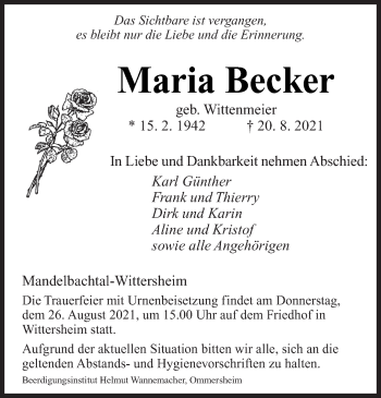 Todesanzeige von Maria Becker von saarbruecker_zeitung