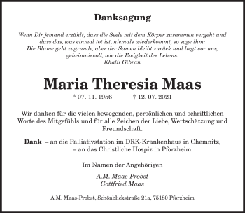 Todesanzeige von Maria Theresia Maas von saarbruecker_zeitung