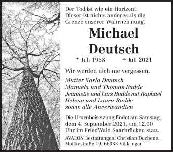 Todesanzeige von Michael Deutsch von saarbruecker_zeitung