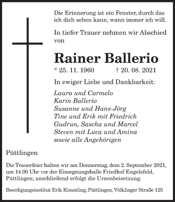 Todesanzeige von Rainer Ballerio von saarbruecker_zeitung