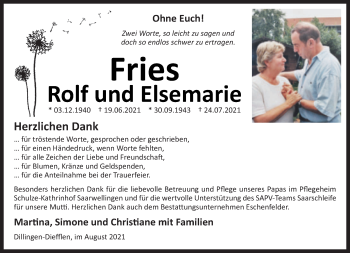 Todesanzeige von Rolf und Elsemarie Fries von saarbruecker_zeitung
