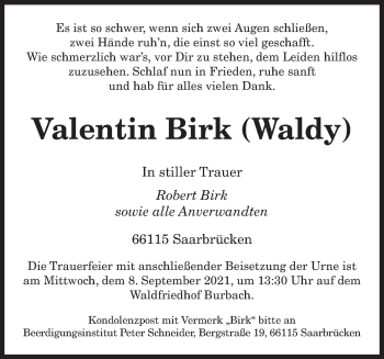 Todesanzeige von Valentin Birk von saarbruecker_zeitung