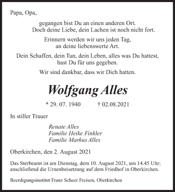 Todesanzeige von Wolfgang Alles von saarbruecker_zeitung