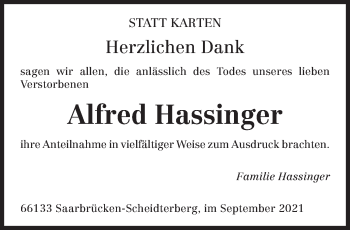 Todesanzeige von Alfred Hassinger von saarbruecker_zeitung