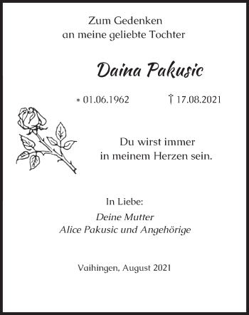 Todesanzeige von Daina Pakusic von saarbruecker_zeitung