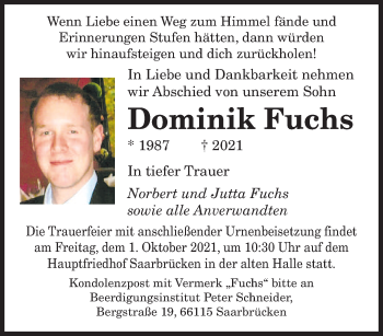 Todesanzeige von Dominik Fuchs von saarbruecker_zeitung