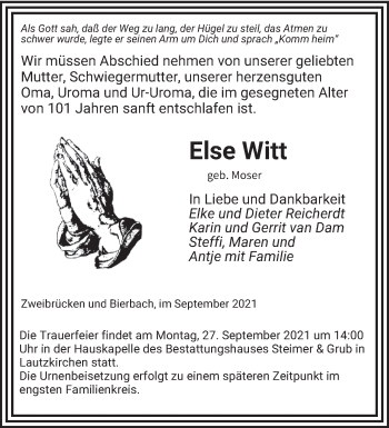 Todesanzeige von Else Witt von saarbruecker_zeitung