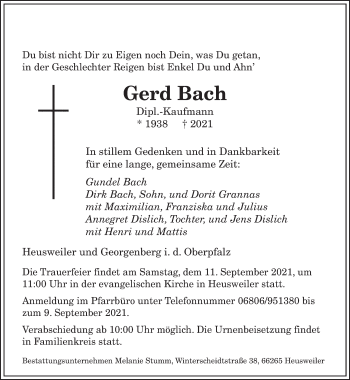 Todesanzeige von Gerd Bach von saarbruecker_zeitung