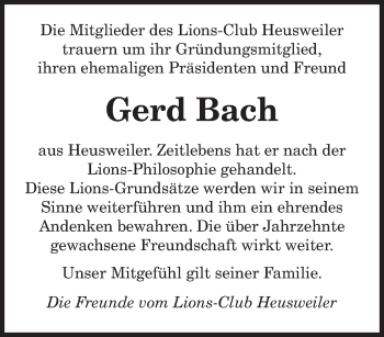 Todesanzeige von Gerd Bach von saarbruecker_zeitung