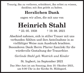 Todesanzeige von Heinrich Stahl von saarbruecker_zeitung