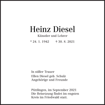 Todesanzeige von Heinz Diesel von saarbruecker_zeitung