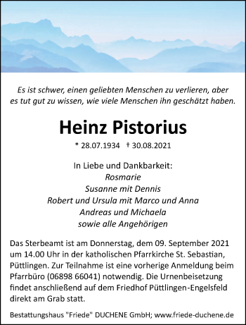 Todesanzeige von Heinz Pistorius von saarbruecker_zeitung