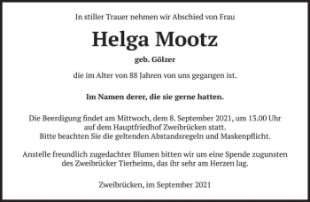 Todesanzeige von Helga Mootz von saarbruecker_zeitung