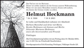 Todesanzeige von Helmut Heckmann von saarbruecker_zeitung
