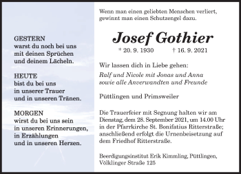 Todesanzeige von Josef Gothier von saarbruecker_zeitung