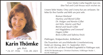 Todesanzeige von Karin Thömke von saarbruecker_zeitung