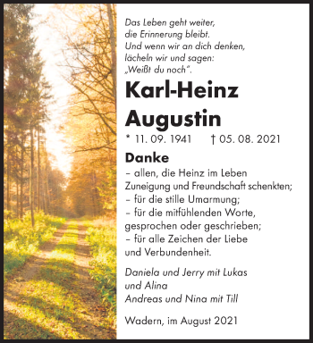 Todesanzeige von Karl-Heinz Augustin von saarbruecker_zeitung