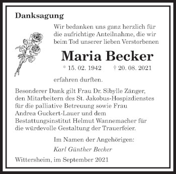 Todesanzeige von Maria Becker von saarbruecker_zeitung