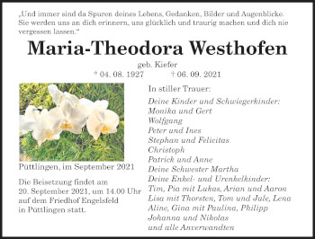 Todesanzeige von Maria-Theodora Westhofen von saarbruecker_zeitung