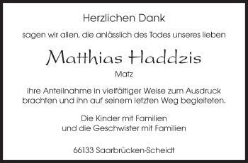 Todesanzeige von Matthias Haddzis von saarbruecker_zeitung