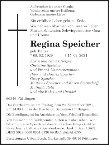 Todesanzeige von Regina Speicher von saarbruecker_zeitung