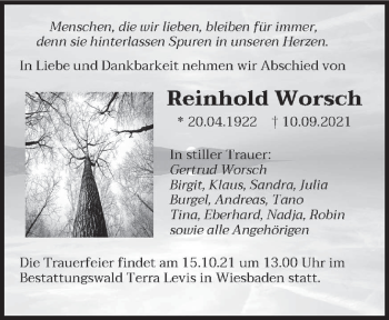 Todesanzeige von Reinhold Worsch von saarbruecker_zeitung