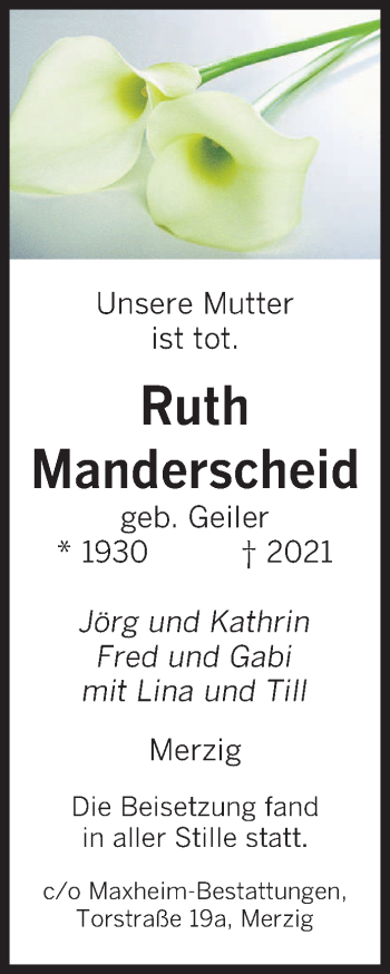Todesanzeige von Ruth Manderscheid von saarbruecker_zeitung