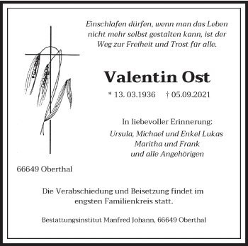 Todesanzeige von Valentin Ost von saarbruecker_zeitung