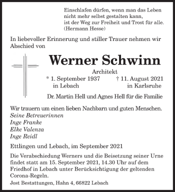 Todesanzeige von Werner Schwinn von saarbruecker_zeitung