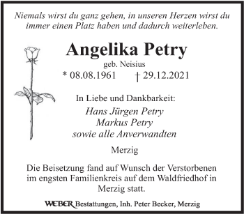 Todesanzeige von Angelika Petry von saarbruecker_zeitung