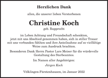 Todesanzeige von Christine Koch von saarbruecker_zeitung