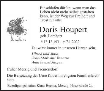 Todesanzeige von Doris Houpert von saarbruecker_zeitung