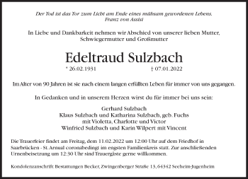 Todesanzeige von Edeltraud Sulzbach von saarbruecker_zeitung