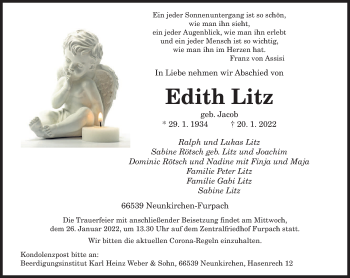 Todesanzeige von Edith Litz von saarbruecker_zeitung