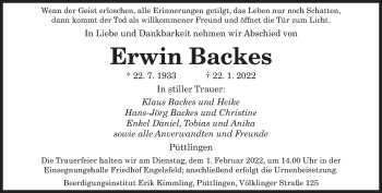 Todesanzeige von Erwin Backes von saarbruecker_zeitung
