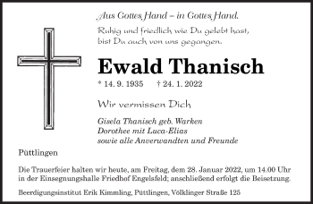 Todesanzeige von Ewald Thanisch von saarbruecker_zeitung