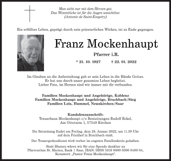 Todesanzeige von Franz Mockenhaupt von saarbruecker_zeitung