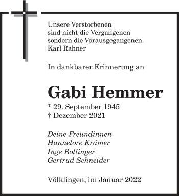 Todesanzeige von Gabi Hemmer von saarbruecker_zeitung